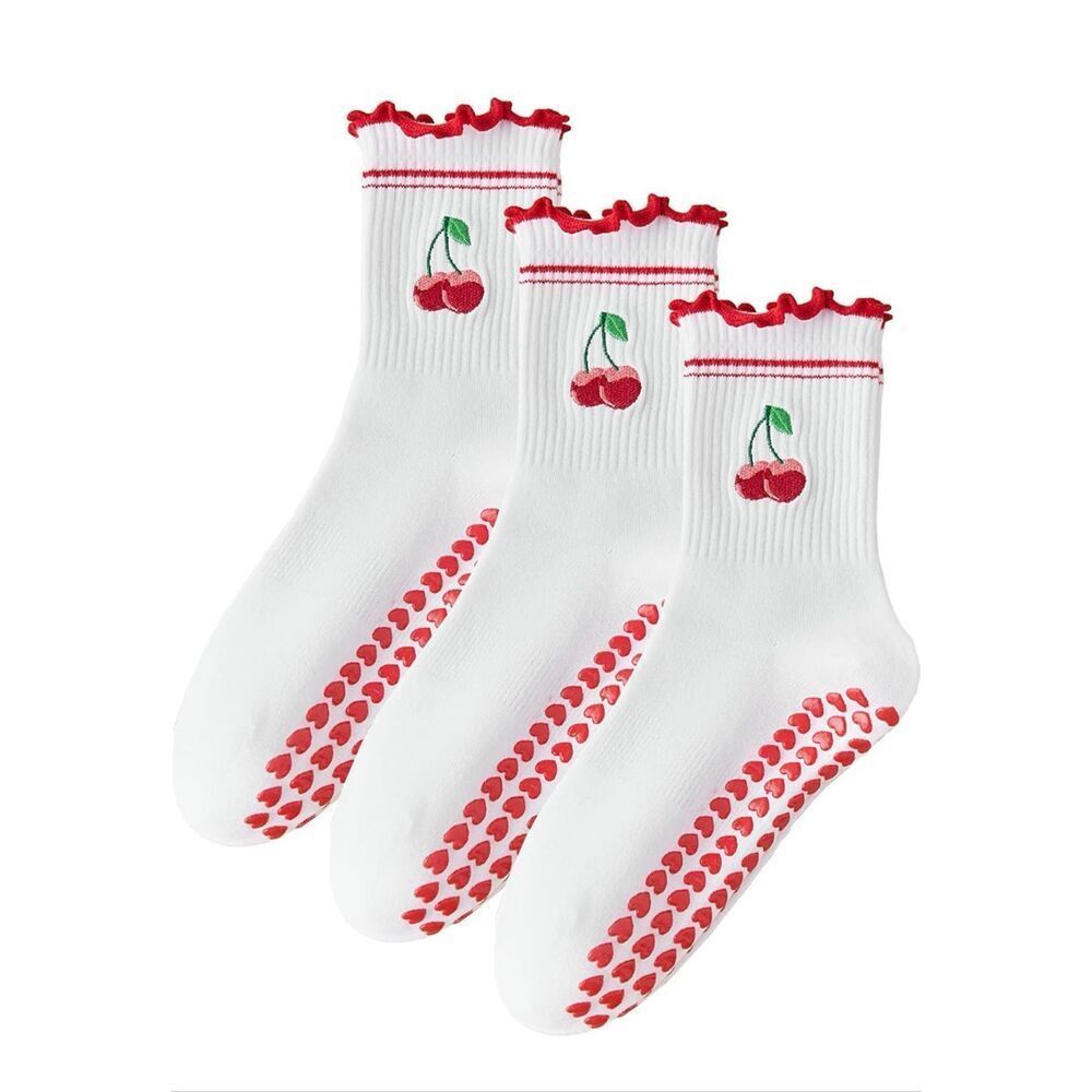 Sweet Cherry Vibes! 🍒 White Ruffle Grip Socks